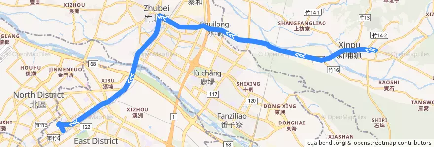 Mapa del recorrido 5618 新埔→新竹(經犁頭山) de la línea  en Taiwan Province.