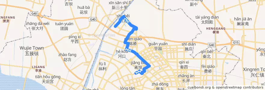 Mapa del recorrido 23路: 唐家闸东 => 陈桥育爱村 de la línea  en Gangzha District.