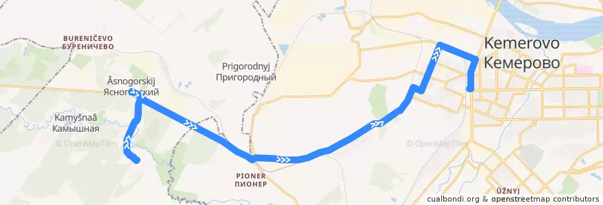 Mapa del recorrido Автобус № 121: Ясногорский — Ж/Д вокзал de la línea  en Кемеровский муниципальный округ.