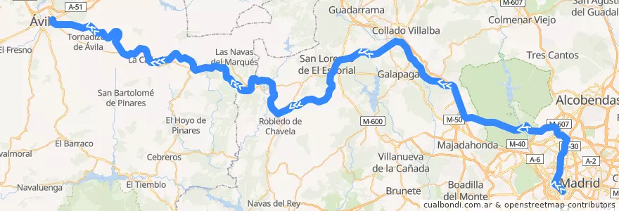 Mapa del recorrido R-1 de la línea  en Испания.