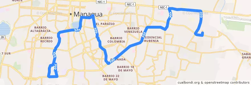 Mapa del recorrido Ruta 104: Hialeah -> Mercado Mayoreo de la línea  en Managua (Municipio).
