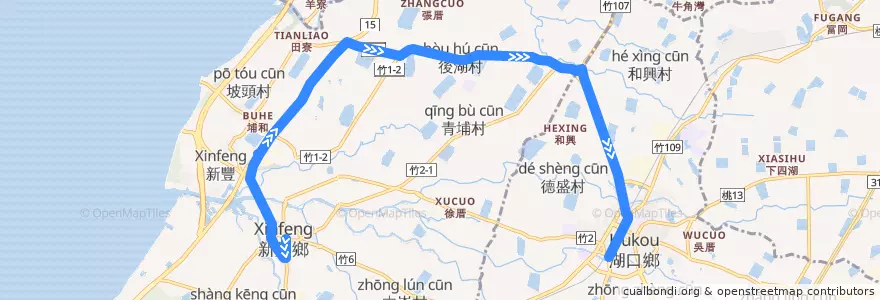 Mapa del recorrido 5611 新庄子→湖口(經後湖) de la línea  en Comté de Hsinchu.
