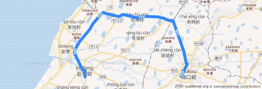 Mapa del recorrido 5611 湖口→新庄子(經後湖) de la línea  en 新竹縣.