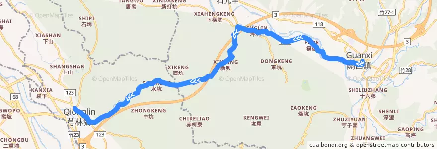 Mapa del recorrido 5636 芎林→關西 de la línea  en Comté de Hsinchu.