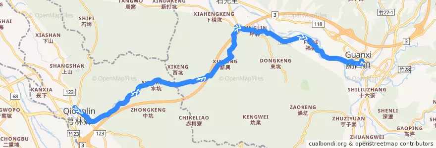Mapa del recorrido 5636 關西→芎林 de la línea  en Уезд Синьчжу.