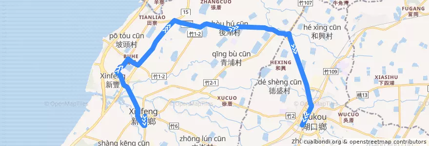 Mapa del recorrido 5611 新庄子→湖口(經後湖)[繞駛埔和國小] de la línea  en Comté de Hsinchu.