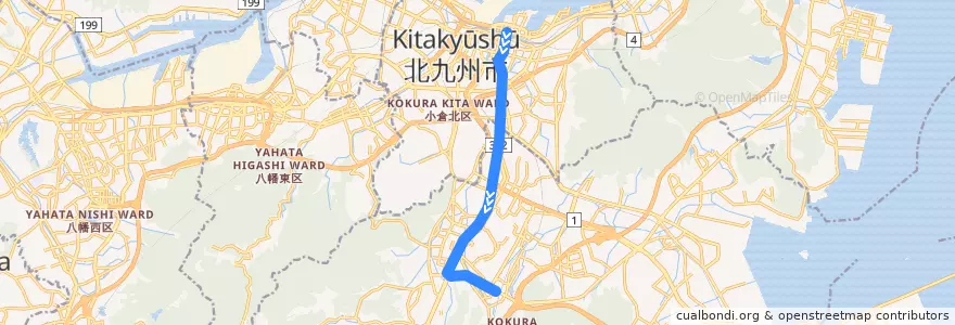 Mapa del recorrido Kitakyushu Urban Monorail Kokura 小倉 - 企救丘 de la línea  en 北九州市.