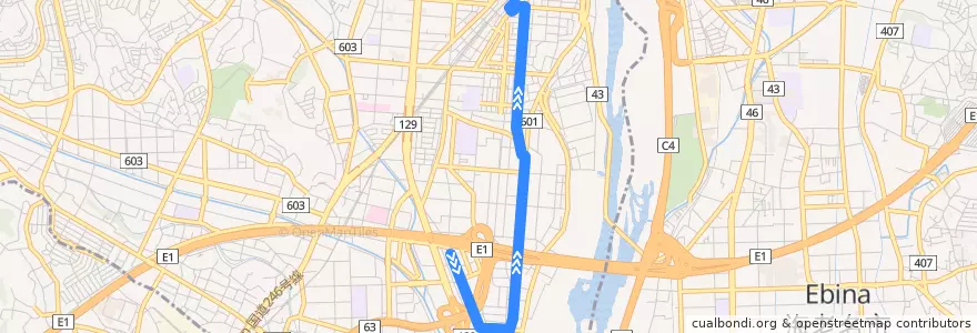 Mapa del recorrido 厚105 急行 本厚木駅南口行き de la línea  en 厚木市.