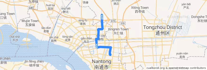 Mapa del recorrido 21路: 横港镇 => 东站公交回车场 de la línea  en 南通市.