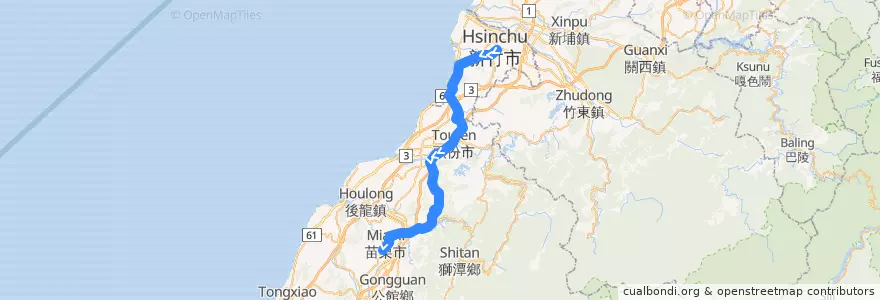Mapa del recorrido 5801 新竹→苗栗(經頭份、明德) de la línea  en Provincia di Taiwan.