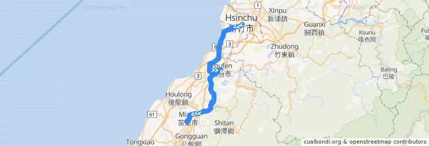 Mapa del recorrido 5802 新竹→苗栗(經竹南、頭份、明德) de la línea  en مقاطعة تايوان.