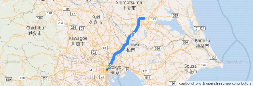 Mapa del recorrido つくばエクスプレス線下り de la línea  en Japón.