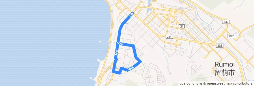 Mapa del recorrido [7]沖見十字街線 de la línea  en 留萌市.