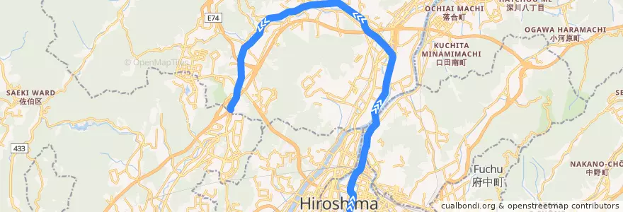 Mapa del recorrido 広島高速交通広島新交通1号線 de la línea  en Hiroshima.