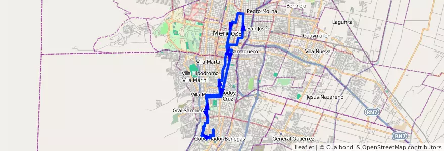 Mapa del recorrido 46 - Mosconi por B° Bombal - Moscón de la línea G04 en Mendoza.
