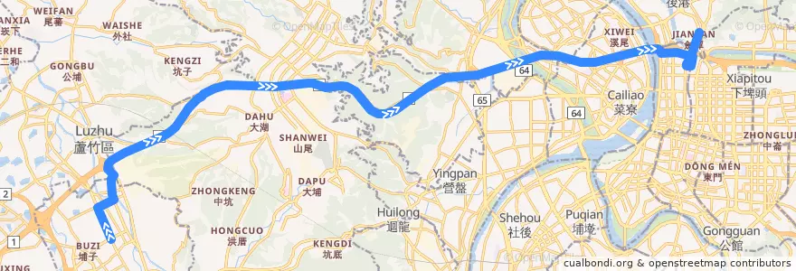Mapa del recorrido 9023 桃園-國道1號-臺北市士林區[中正藝文特區發車] (往程) de la línea  en Taiwan.