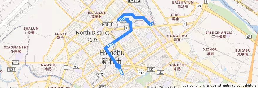 Mapa del recorrido 16 火車站→台大分院 de la línea  en Hsinchu.