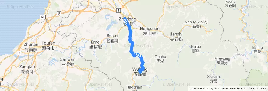 Mapa del recorrido 5628 竹東→五峰(經上坪) de la línea  en Comté de Hsinchu.