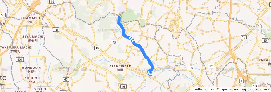 Mapa del recorrido 旭11: 鶴ヶ峰駅 → 西ひかりが丘 de la línea  en 旭区.