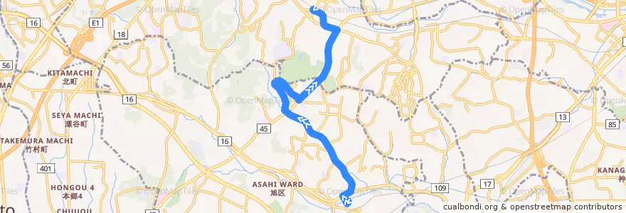 Mapa del recorrido 旭11: 鶴ヶ峰駅 → 中山駅 de la línea  en Йокогама.