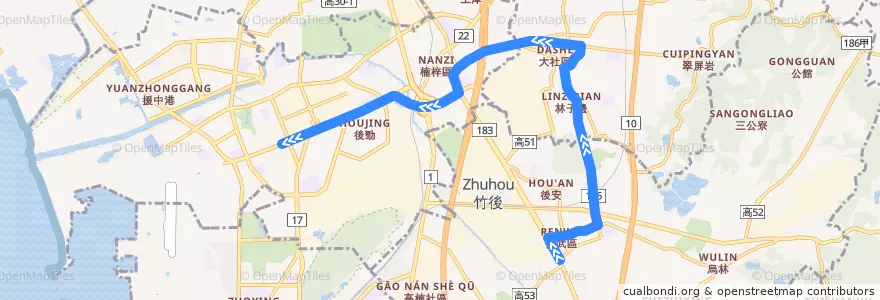 Mapa del recorrido 紅60(延駛大社_往程) de la línea  en کائوهسیونگ.