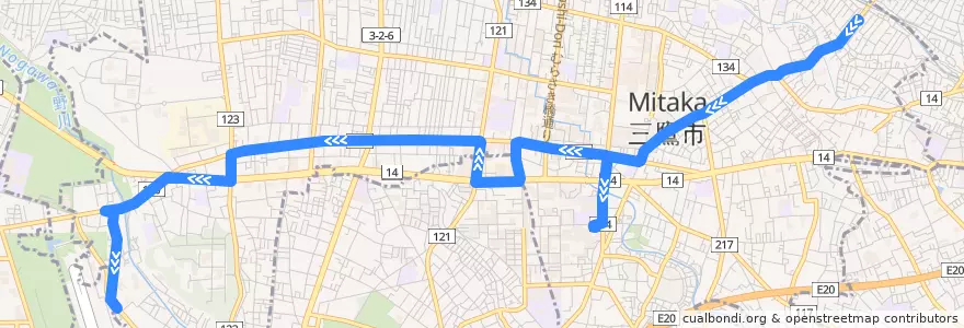 Mapa del recorrido Bus 三鷹台・飛行場ルート 三鷹台駅 => 調布飛行場 de la línea  en 三鷹市.