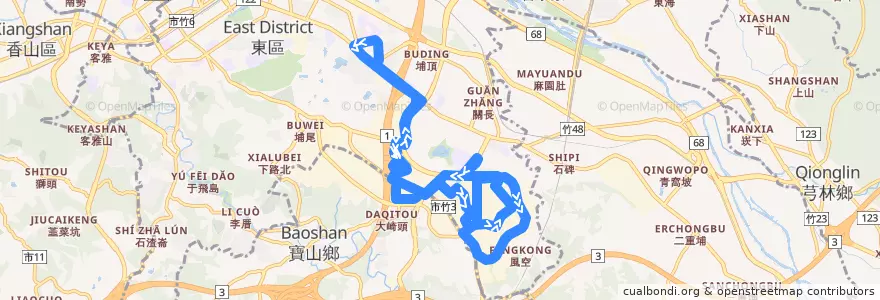 Mapa del recorrido 園區巡迴巴士 綠線 (光復路 - 園區三期) de la línea  en 東區.