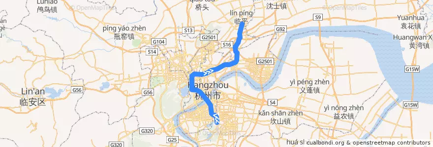 Mapa del recorrido 杭州地铁1号线 临平-湘湖 de la línea  en Hangzhou City.