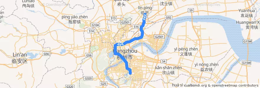 Mapa del recorrido 杭州地铁1号线 湘湖-临平 de la línea  en Hangzhou.