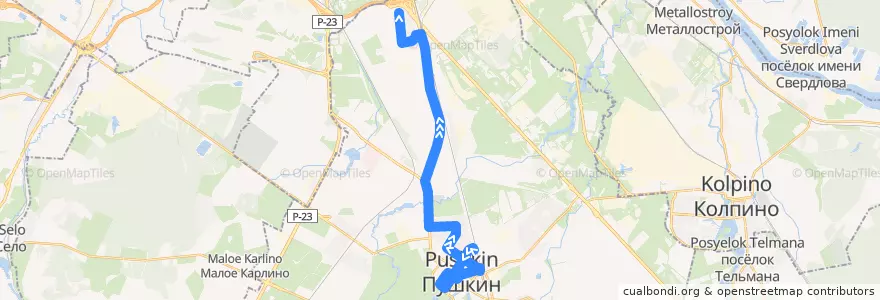 Mapa del recorrido Автобус № 385: Пушкин, Железнодорожная улица => Шушары, Вишерская улица de la línea  en Пушкинский район.
