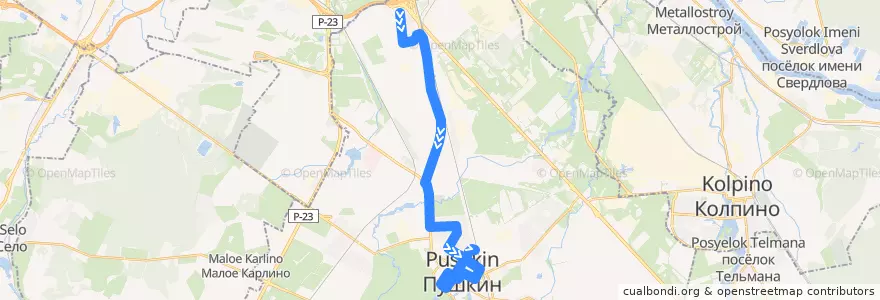 Mapa del recorrido Автобус № 385: Шушары, Вишерская улица => Пушкин, Железнодорожная улица de la línea  en Пушкинский район.