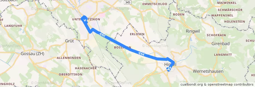 Mapa del recorrido Bus 869: Hinwil, Bahnhof => Wetzikon ZH, Bahnhof (Weg A) de la línea  en Bezirk Hinwil.