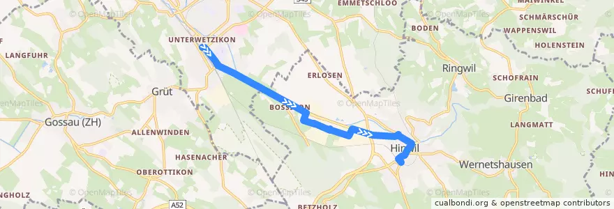 Mapa del recorrido Bus 869: Wetzikon ZH, Bahnhof => Hinwil, Bahnhof (Hauptweg) de la línea  en Bezirk Hinwil.