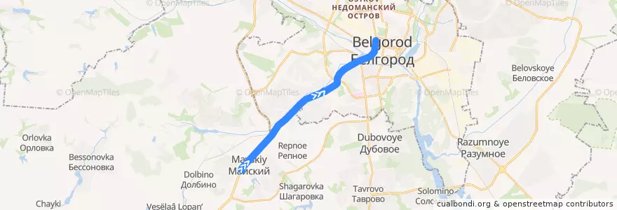 Mapa del recorrido 102 Майский - Стадион de la línea  en Белгородский район.