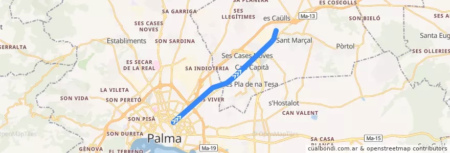 Mapa del recorrido Metro M2: Plaça d'Espanya → Marratxí de la línea  en جزر البليار.