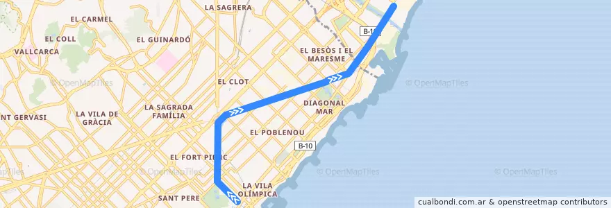 Mapa del recorrido T4: Ciutadella/Vila Olímpica => Estació de Sant Adrià de la línea  en Barcelona.