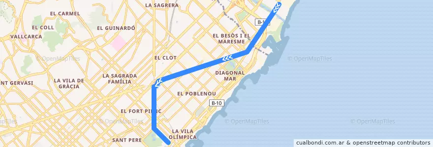 Mapa del recorrido T4: Estació de Sant Adrià => Ciutadella/Vila Olímpica de la línea  en Барселона.
