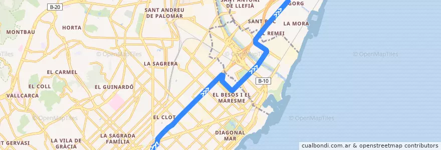 Mapa del recorrido T5: Glòries => Gorg de la línea  en Barcelonès.