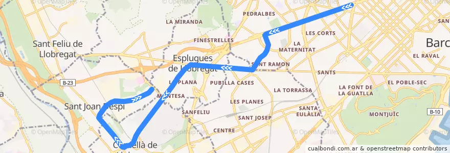Mapa del recorrido T2: Francesc Macià => Llevant-Les planes de la línea  en Barcelona.
