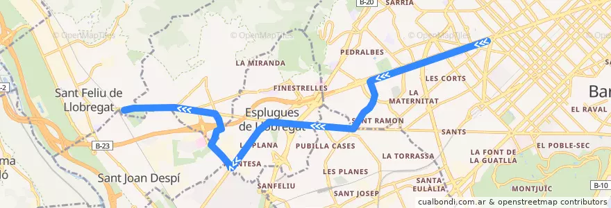 Mapa del recorrido T3: Francesc Macià => Sant Feliu/Consell Comarcal de la línea  en Barcelona.