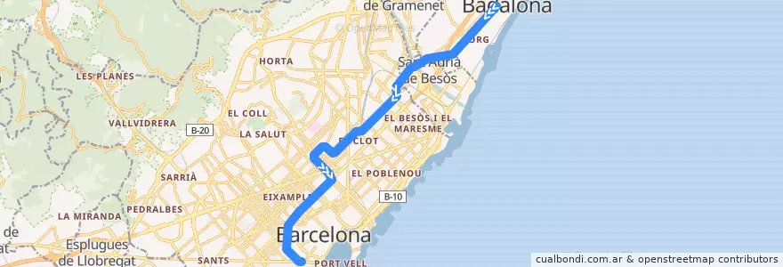 Mapa del recorrido L2: Badalona Pompeu Fabra => Paral·lel de la línea  en Barcelonais.