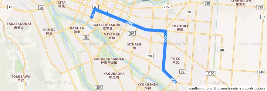 Mapa del recorrido [10]東光3丁目線 de la línea  en 旭川市.