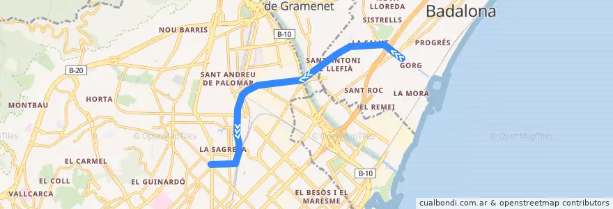 Mapa del recorrido L10: Gorg => La Sagrera de la línea  en Barcelonès.