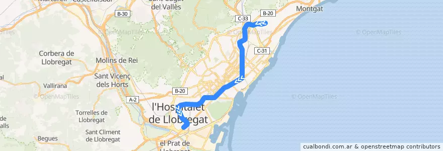 Mapa del recorrido L1: Fondo => Hospital de Bellvitge de la línea  en Barcelonès.