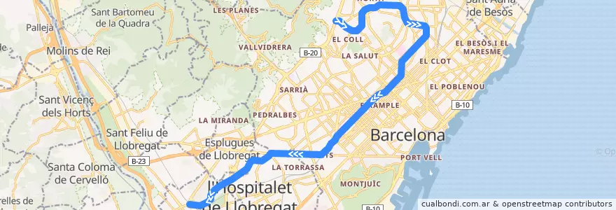 Mapa del recorrido L5: Vall d'Hebron => Cornellà Centre de la línea  en Barcelonès.