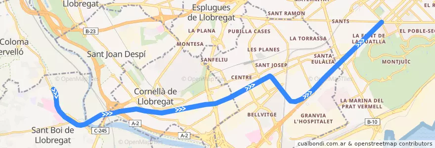 Mapa del recorrido L8: Molí Nou - Ciutat Cooperativa => Pl. Espanya de la línea  en Barcelona.