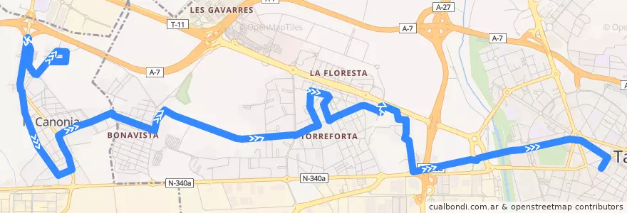 Mapa del recorrido L3 La Canonja - Torreforta - Tarragona de la línea  en Tarragonès.