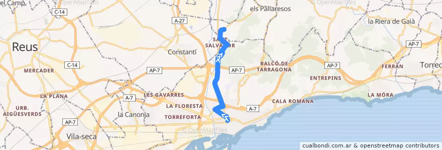 Mapa del recorrido L5 Prat de la Riba - St. Salvador de la línea  en Таррагона.