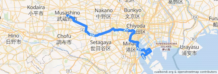Mapa del recorrido 湾01 大江戸温泉物語 =>武蔵野営業所 de la línea  en Tokyo.