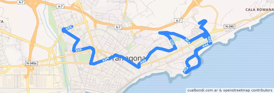 Mapa del recorrido L8 Hospital Joan XXIII - Camí de la Cuixa - Vall de l'Arrabassada de la línea  en 타라고나.